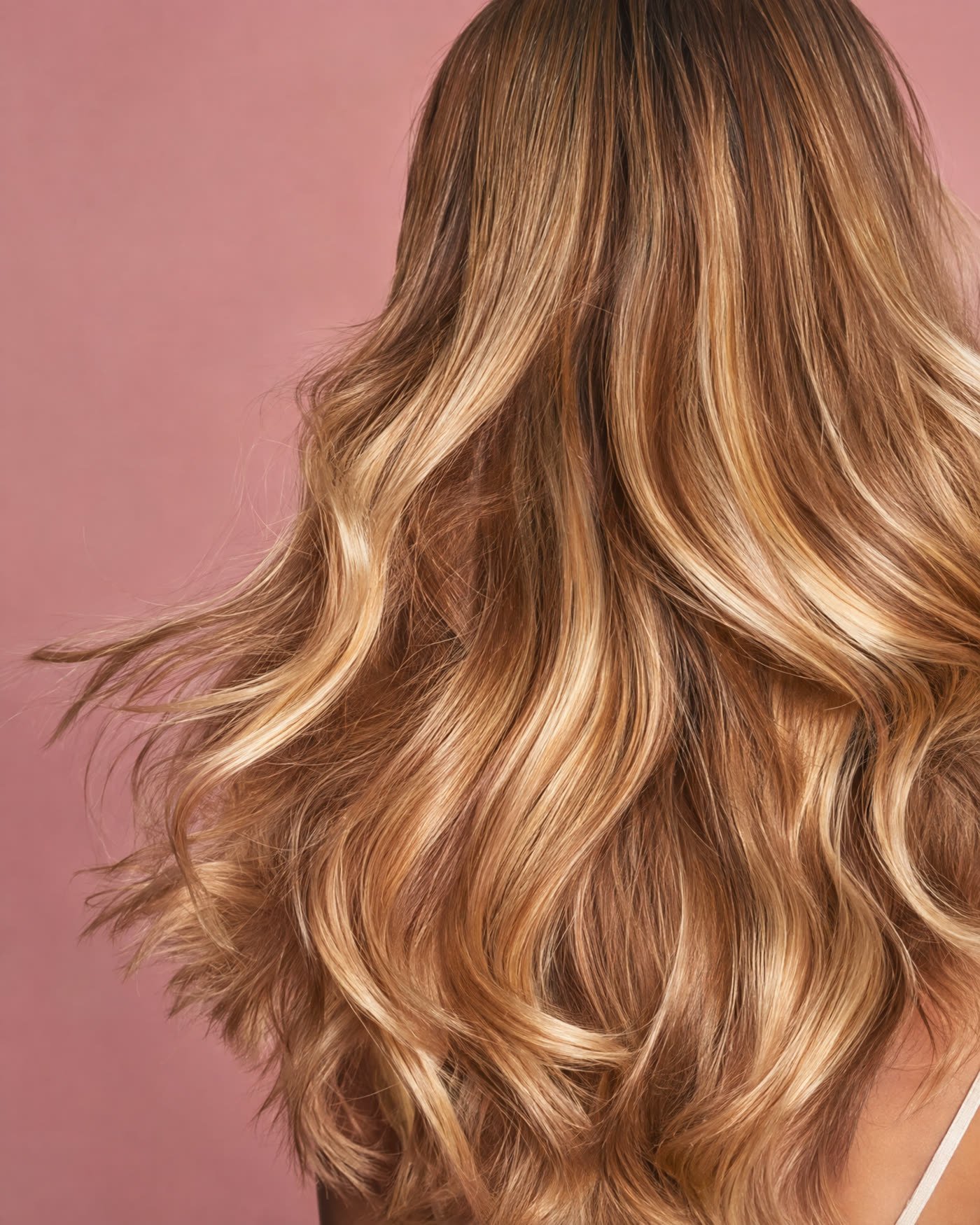 Chevelure blond miel balayée, en mouvement, à la lumière du salon