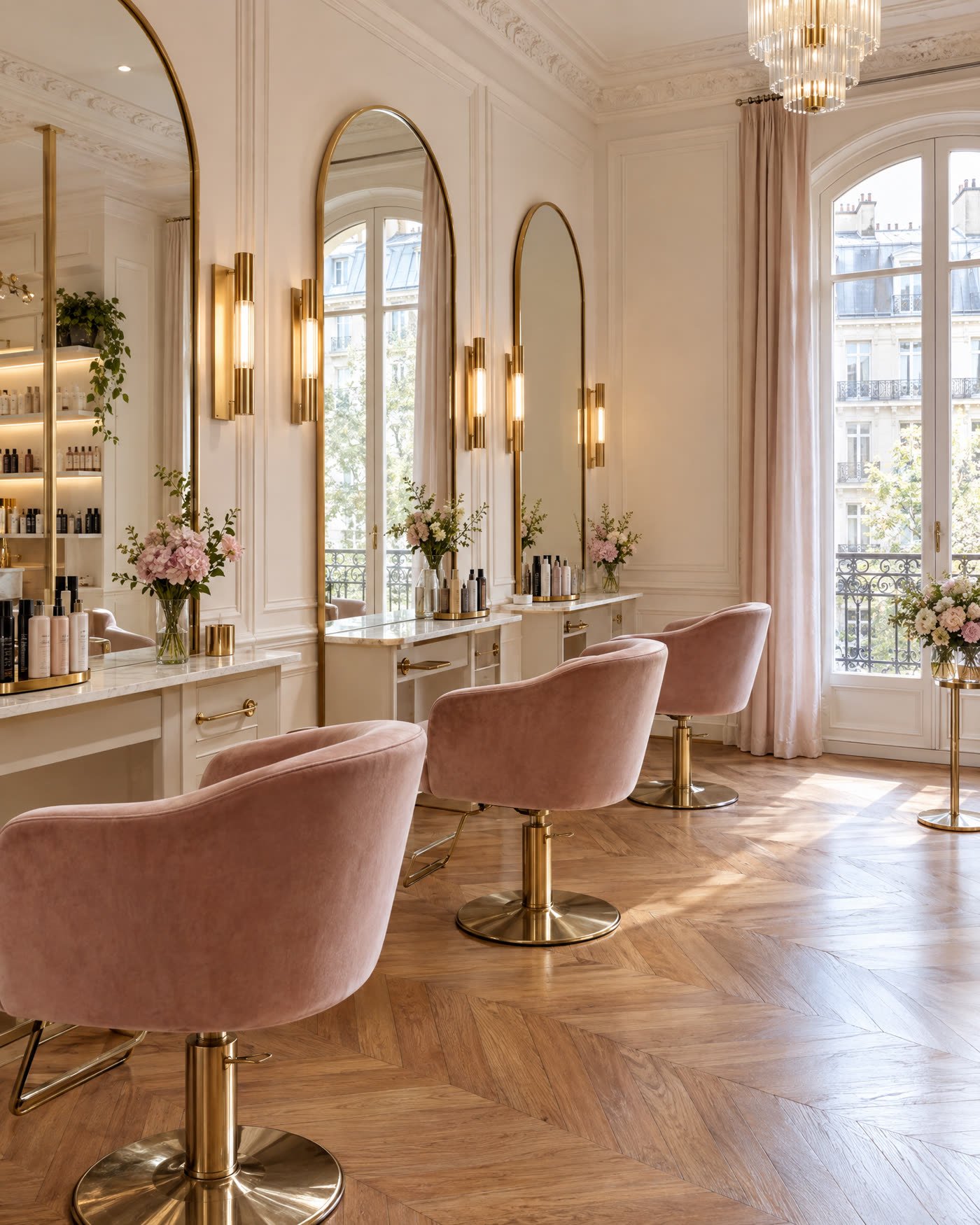 Le salon Cheveux d’Or : miroirs, fauteuil de velours et laiton