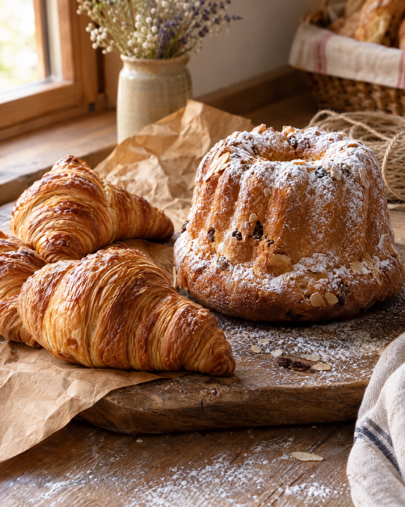 Croissants dorés et kougelhopf posés sur une planche en bois farinée