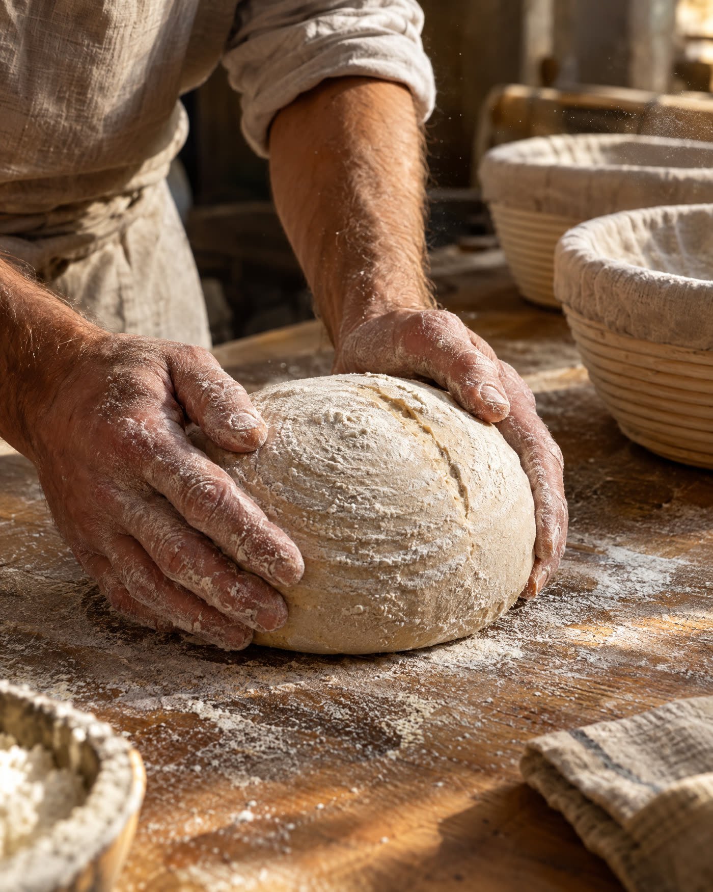Mains farinées du boulanger façonnant une boule de pâte au levain