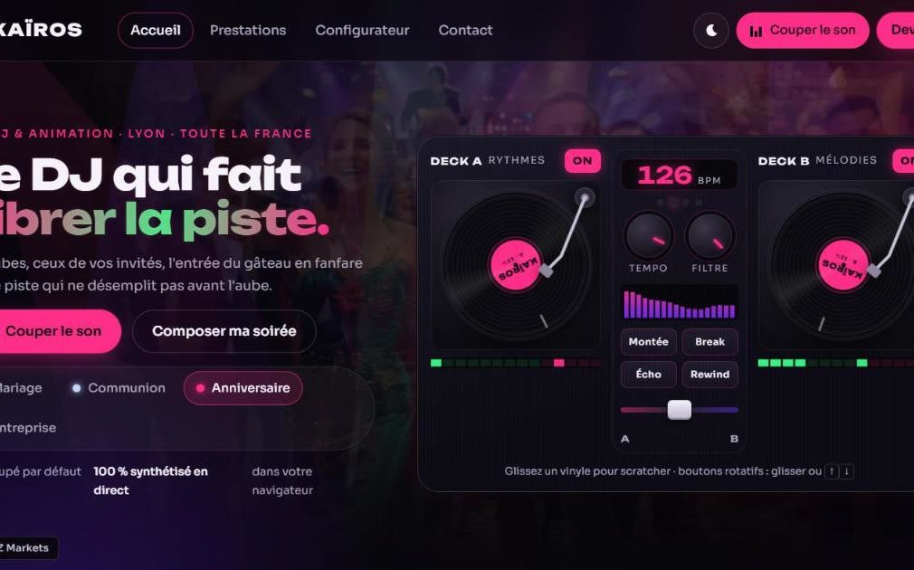 Aperçu du site KAÏROS, DJ événementiel : platine interactive avec deux vinyles